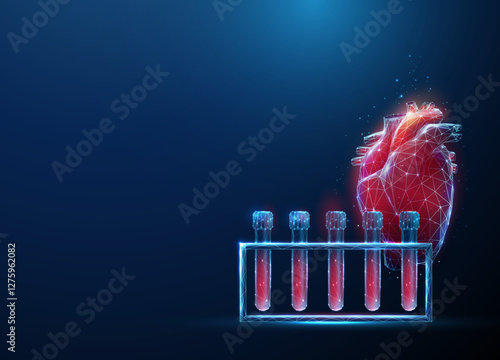 Abstract red human heart with blood sample rack. Blood analysis, cardiovascular health, medical diagnostics concept.