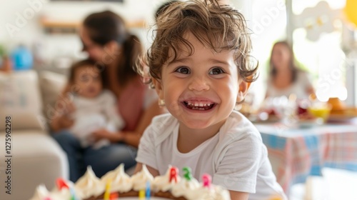 A young child seated at a dining table with cake, adults standing behind, smiling and looking at the child.