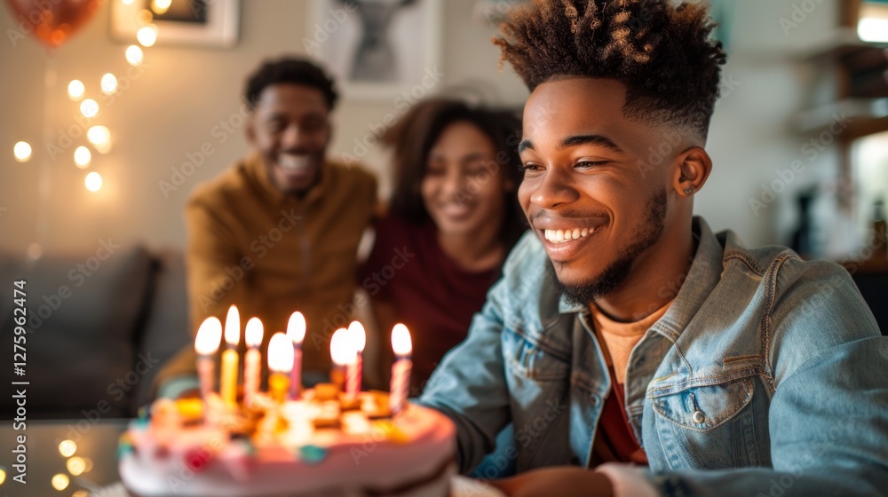 A person looking at a birthday cake with candles during a celebration. A person looking at a birthday cake with candles during a celebration.