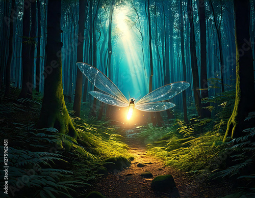 An firefly flies through forest