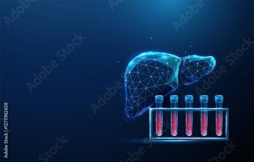 Abstract blue human liver and blood sample rack. Blood analysis and liver health, medical diagnostics concept.