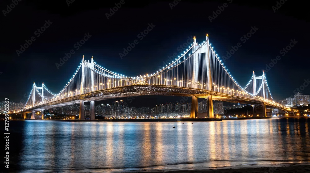 Obraz premium Illuminated bridge at night over water, cityscape reflection. Possible use Stock photo for travel, architecture, and cityscapes