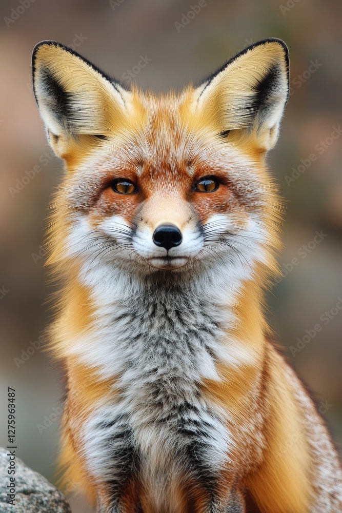 Close-up shot of a red fox sitting on a rock, natural habitat Close-up shot of a red fox sitting on a rock, natural habitat