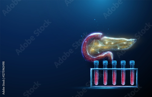 Abstract human pancreas with blood sample rack. Blood analysis and pancreatic health, medical diagnostics concept.