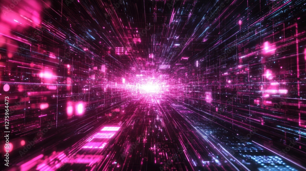 Fototapeta premium A high-tech, space-themed data grid with a floating glowing X-axis spanning the composition.