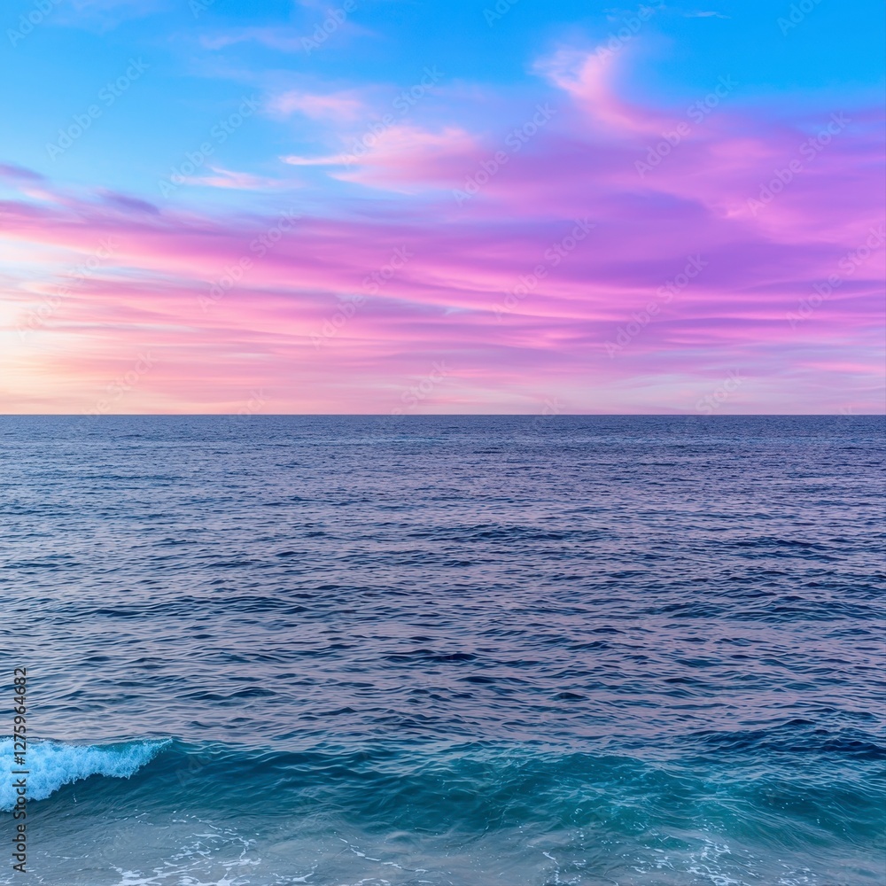 Obraz premium Soft pastel sunset sky with pink hues over calm ocean waters reflecting gentle colors