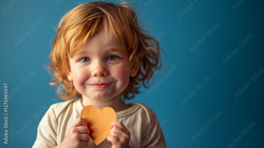 This image features a young child, presumably holding a heart or an object with a heart shape, set against a solid color background, giving the impression of a portrait. This image features a young child, presumably holding a heart or an object with a heart shape, set against a solid color background, giving the impression of a portrait.