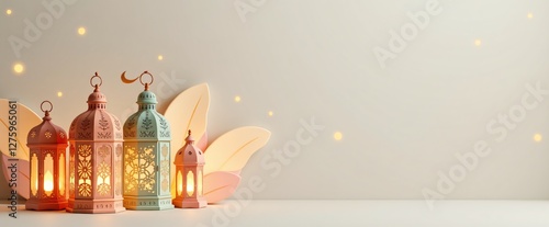 Ramadan Lanterns Banner. Festive Eid Mubarak design for holiday promotions, greeting cards, and website banners. Pastel Islamic art.
