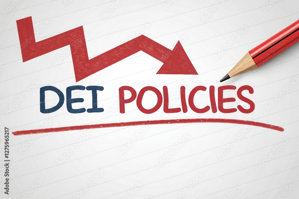 Decline in dei policies depicted with red arrow and pencil on white background Decline in dei policies depicted with red arrow and pencil on white background