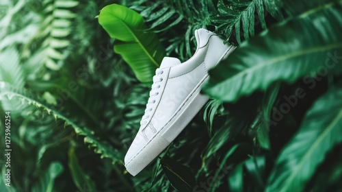 A pair of white sneakers sitting on a lush green plant, great for travel or outdoor lifestyle photoshoots