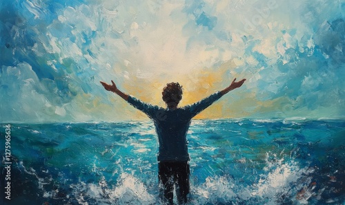 Wallpaper Mural Person stands in water with arms open towards the sky. Torontodigital.ca