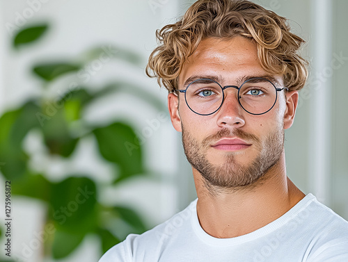 Close-Up Portrait of a Confident Young Man with Curly Hair and Glasses Against Green Plant Background photo