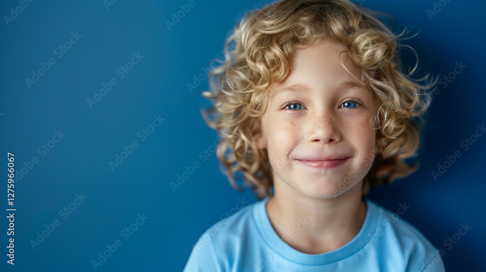 Young boy, smiling, in blue room with grey backdrop. Young boy, smiling, in blue room with grey backdrop.