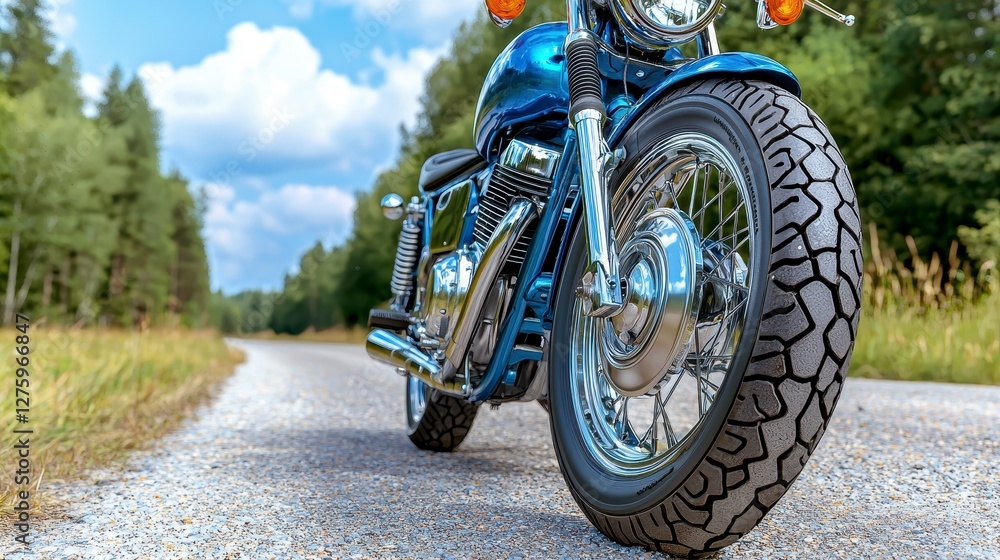 Obraz premium Vintage motorcycle parked on a gravel road in a scenic countryside setting