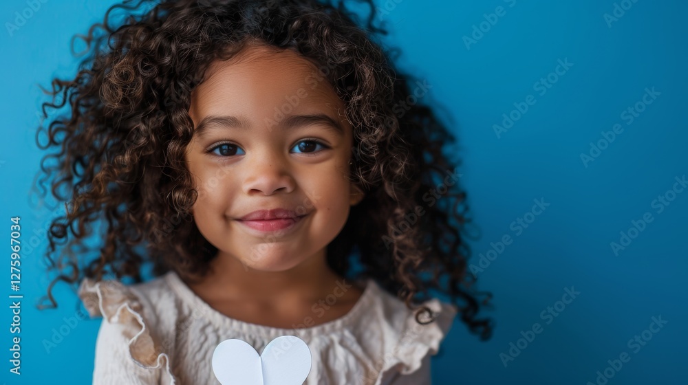 A young child with curly hair and a big smile is in the photo. A young child with curly hair and a big smile is in the photo.