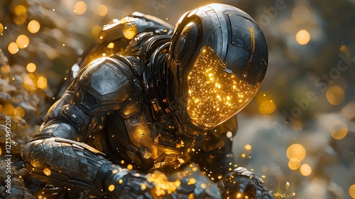 A futuristic alien with a body covered in metallic armor that changes color, with glowing organic growths emerging from their suit as they explore an alien landscape photo