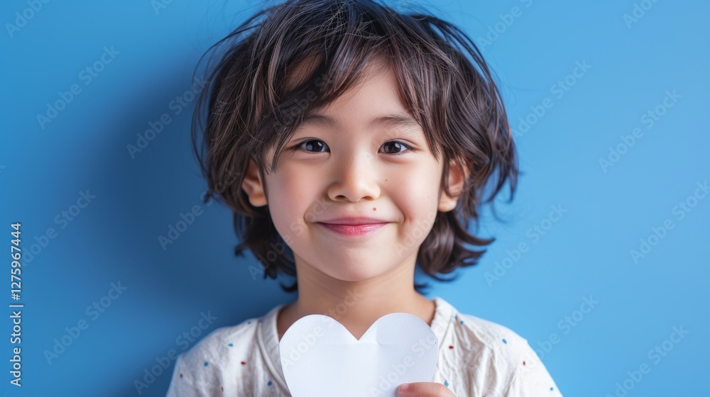 A young child holding a heart-shaped object and smiling. A young child holding a heart-shaped object and smiling.