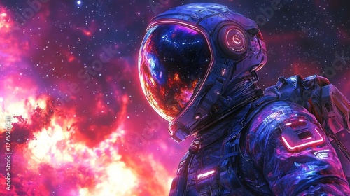 A futuristic astronaut in a sleek, colorful spacesuit with glowing accents, standing on the surface of an alien planet, with vibrant nebulae and distant stars in the background
