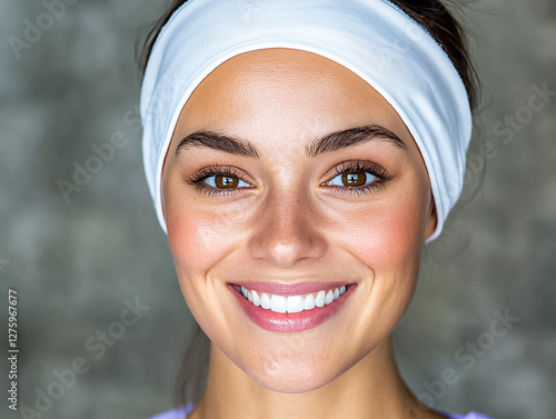 Smiling Young Woman with Headband Radiating Positivity Against Muted Background photo