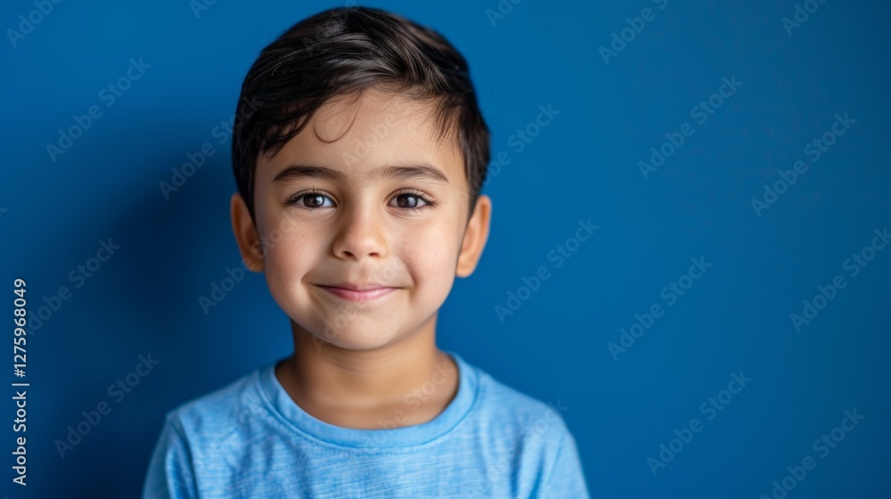 A young boy standing against a blue background. A young boy standing against a blue background.