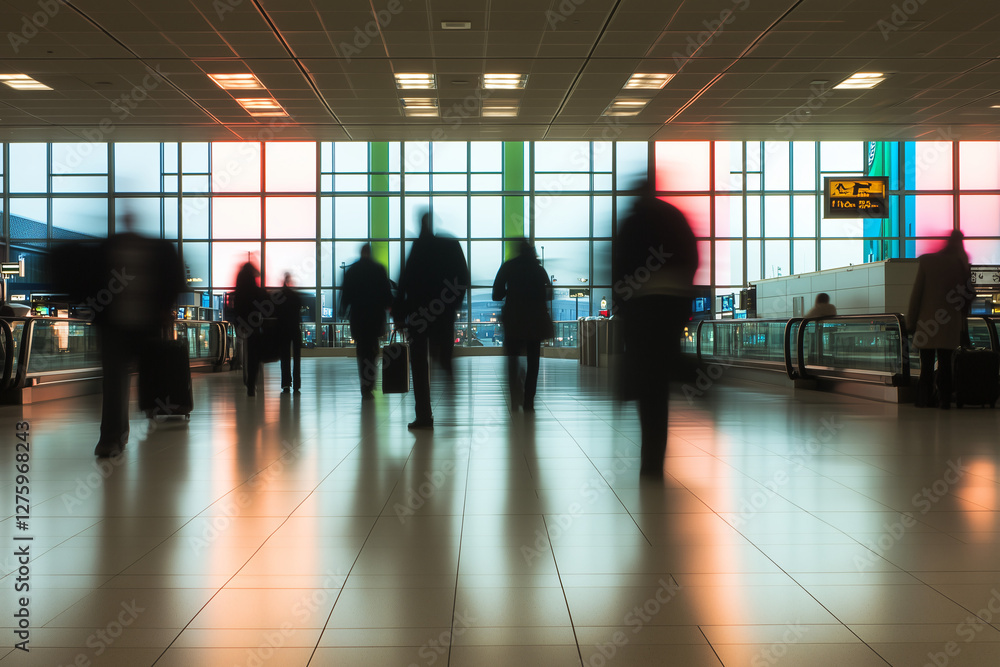 Airport Hustle: A blurred image of passengers moving through a brightly lit airport terminal, with motion blurring conveying a sense of dynamic travel, efficiency and the energy of a transit hub. Airport Hustle: A blurred image of passengers moving through a brightly lit airport terminal, with motion blurring conveying a sense of dynamic travel, efficiency and the energy of a transit hub.