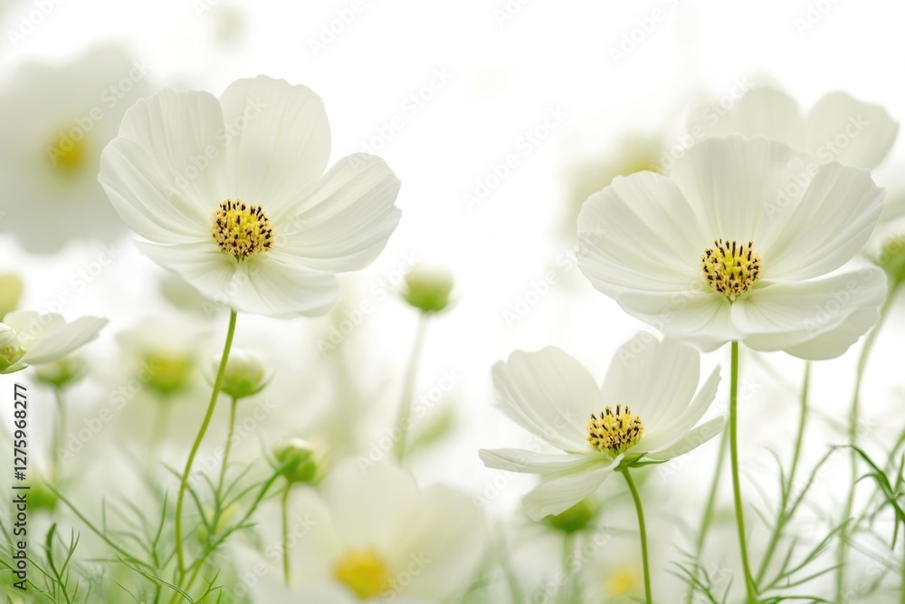 Close-up of a field of white flowers with green stems, ideal for backgrounds or textures Close-up of a field of white flowers with green stems, ideal for backgrounds or textures