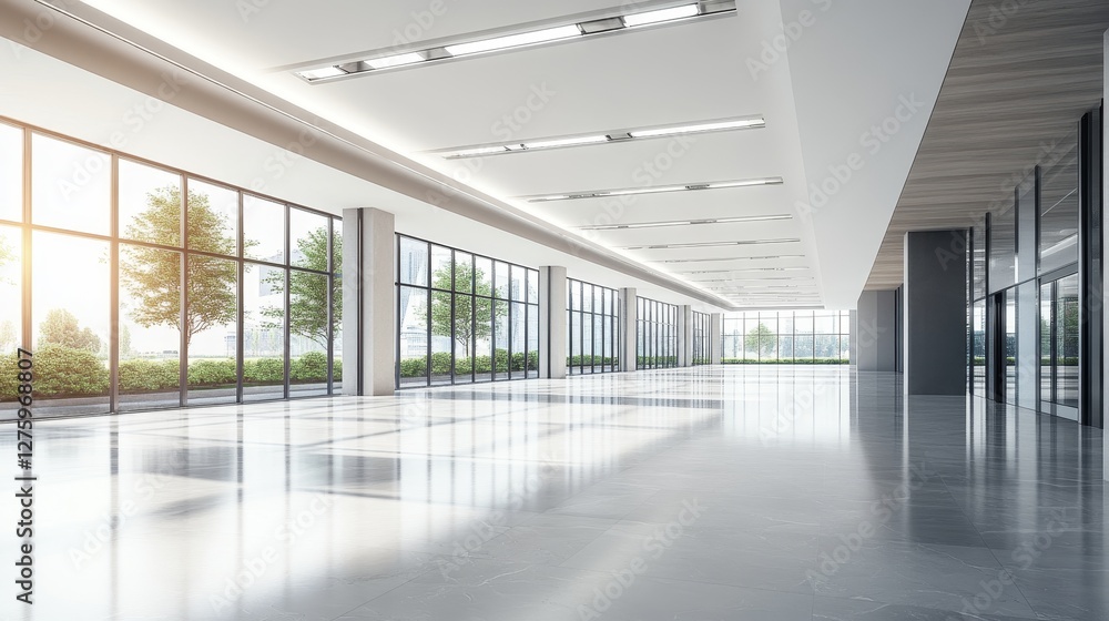 Modern interior of a spacious office building with large windows and natural light streaming in Modern interior of a spacious office building with large windows and natural light streaming in