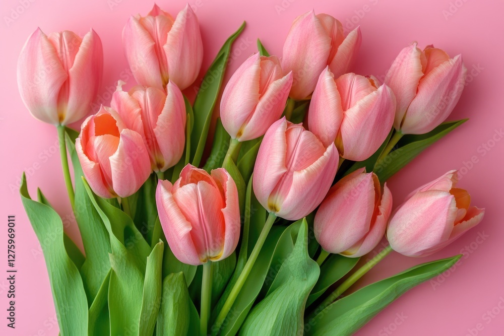 Obraz premium A bouquet of pink tulips on a pink background, great for floral or spring-themed designs