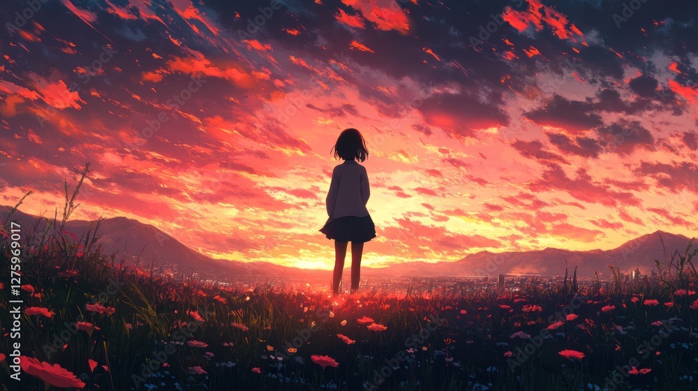 Obraz premium Sunset Serenity: A Girl Silhouetted Against a Fiery Sky