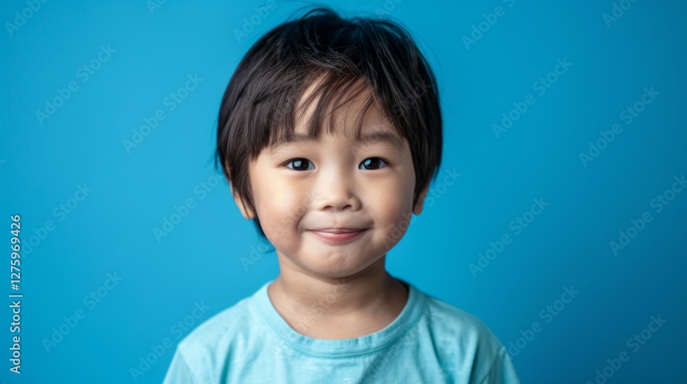 A young child posing for a portrait against a blue background. A young child posing for a portrait against a blue background.