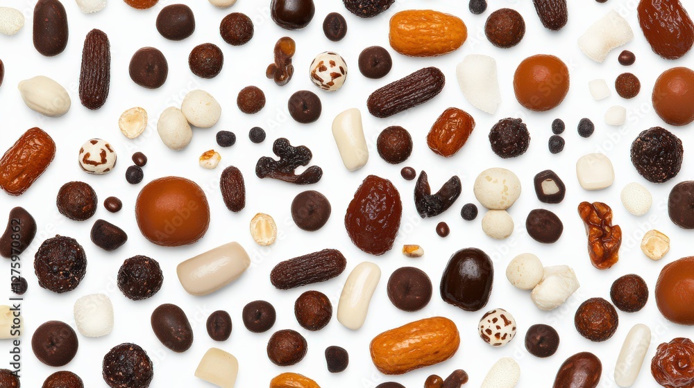 Obraz premium A colorful assortment of various chocolate candies and confections on a white background
