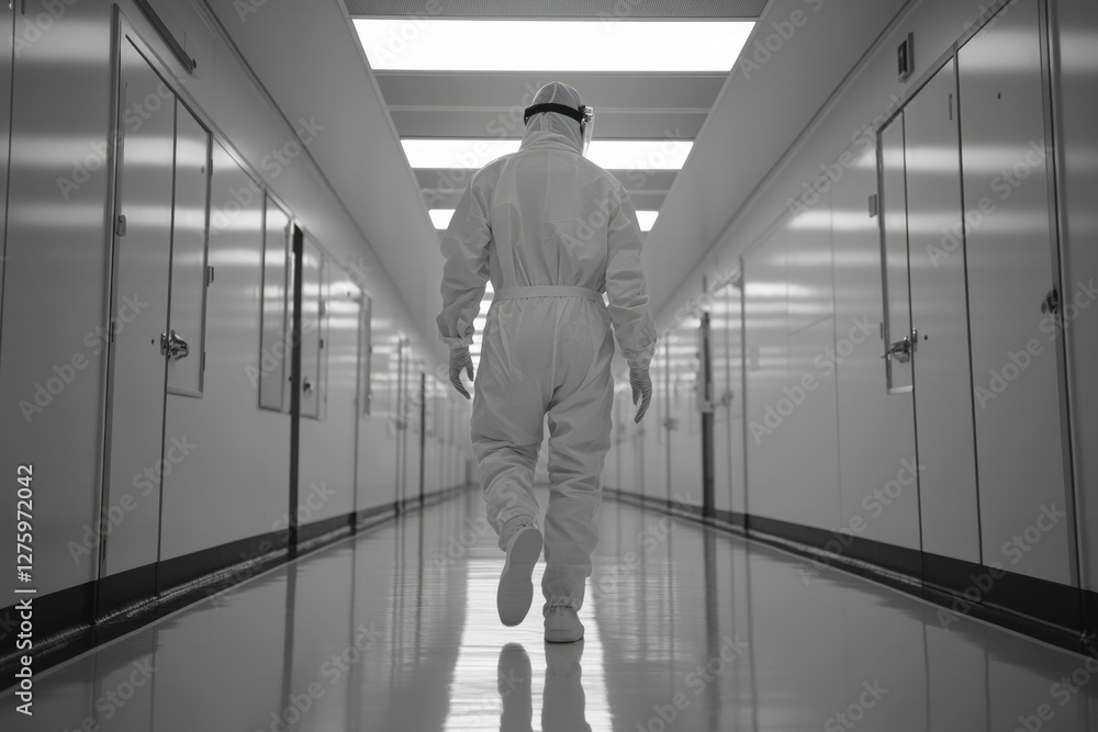 Fototapeta premium A man walks down a hallway wearing a white suit, providing a neutral background for various uses