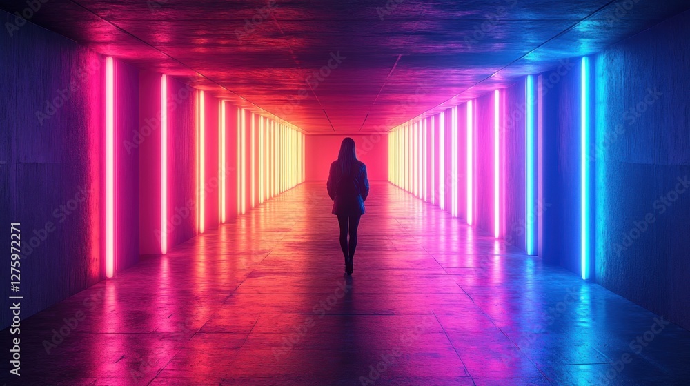 Neon Dreamscape: A Solitary Figure in a Vibrant, Futuristic Corridor Neon Dreamscape: A Solitary Figure in a Vibrant, Futuristic Corridor