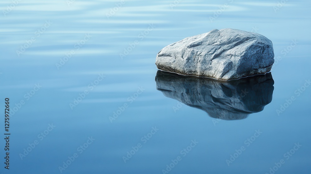 Naklejka premium Single grey rock floats on calm blue water, reflecting perfectly. Ideal for tranquility, peace, or nature themes, evokes serenity and mindfulness.