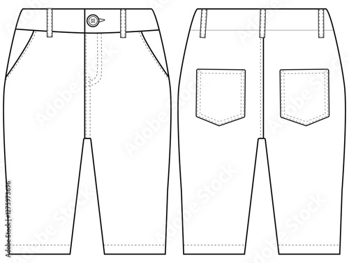 Chino trousers. baby Boys boyes formal trouser pant vector front and back view flat sketch fashion  vector illustration