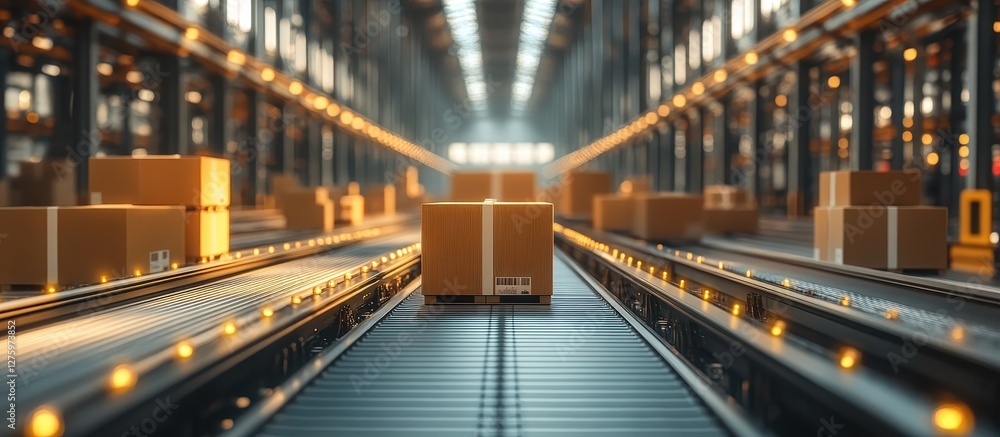Modern Automated Warehouse with Cardboard Boxes on Conveyor Belts in Industrial Storage Facility Modern Automated Warehouse with Cardboard Boxes on Conveyor Belts in Industrial Storage Facility