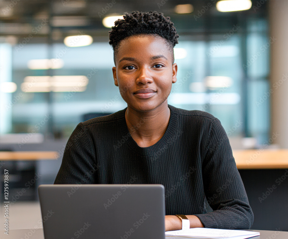 Professional woman sitting at a desk with a laptop, smiling confidently in a modern workspace. Professional woman sitting at a desk with a laptop, smiling confidently in a modern workspace.