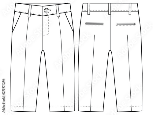 Chino trousers. baby Boys boyes formal trouser pant vector front and back view flat sketch fashion  vector illustration