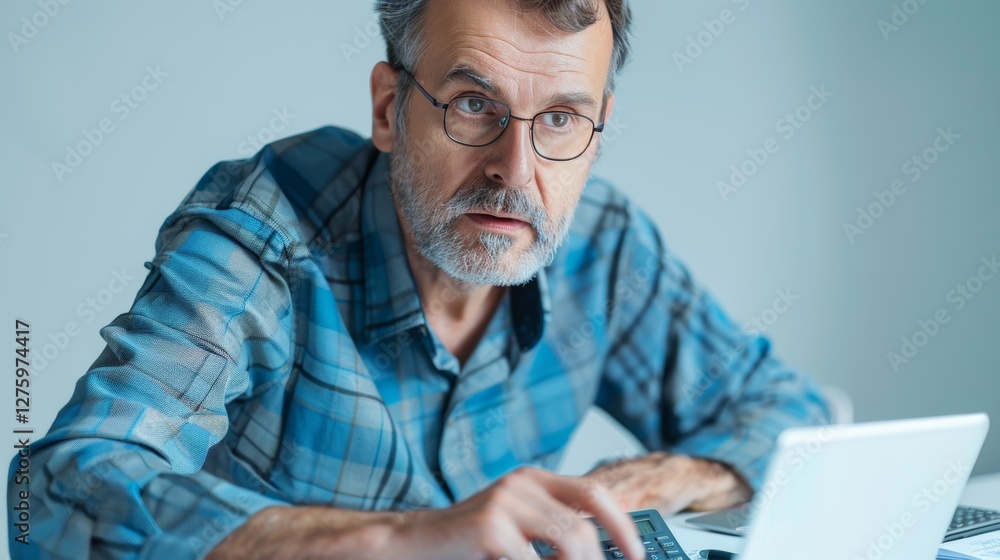 Fototapeta premium Man looking at computer while writing or reading.