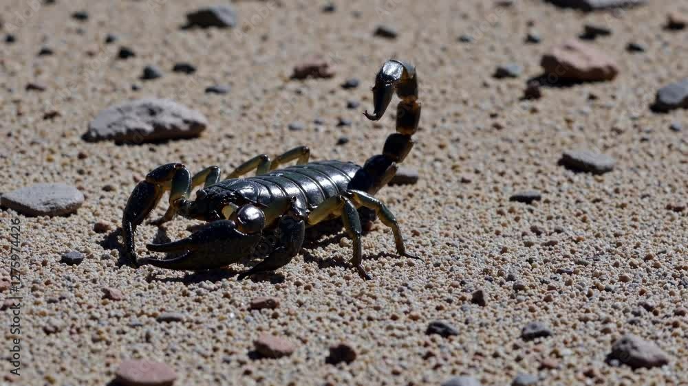 Close-up video angle of a scorpion on sandy terrain, highlighting its shiny exoskeleton and natural habitat, with a focus on texture and detail. Close-up video angle of a scorpion on sandy terrain, highlighting its shiny exoskeleton and natural habitat, with a focus on texture and detail.