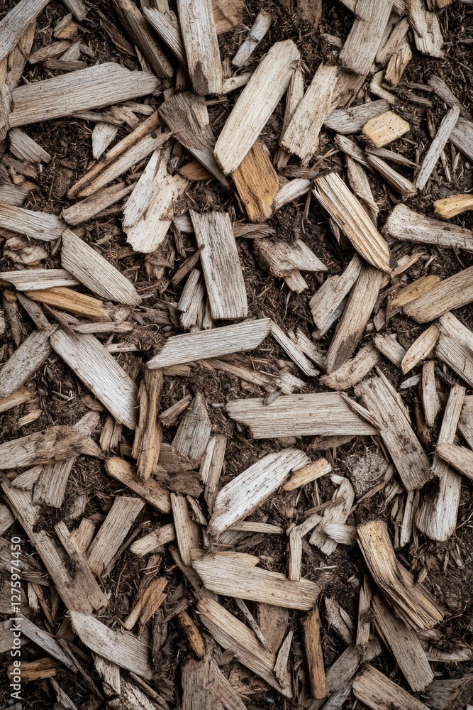 A pile of wood chips on the ground, often used in landscaping or gardening A pile of wood chips on the ground, often used in landscaping or gardening