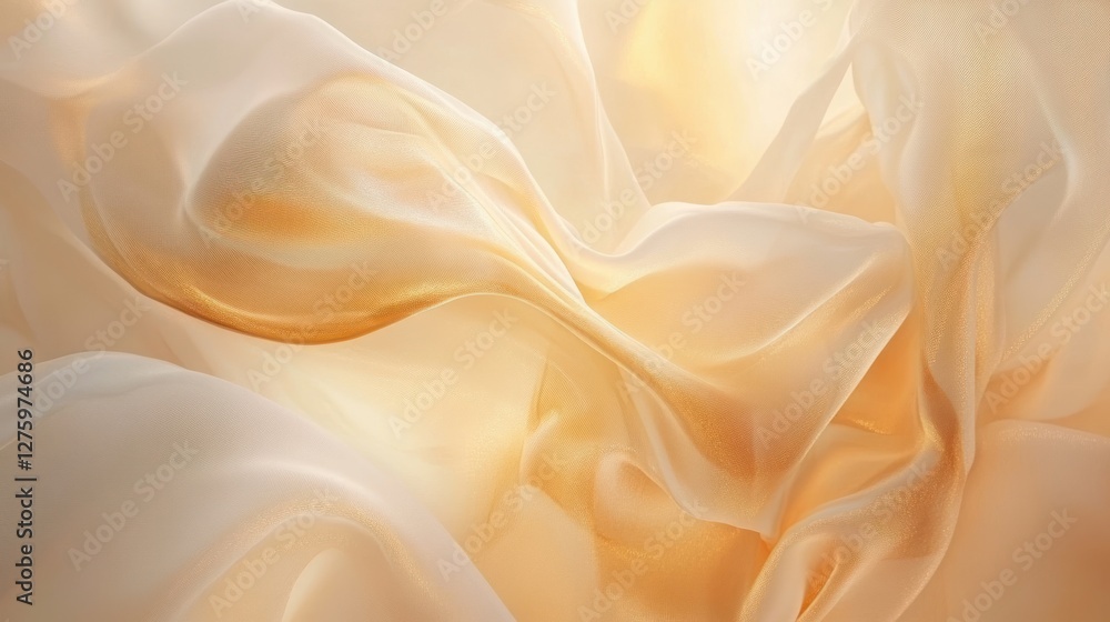 Abstract image of flowing, light beige and gold silk fabric with soft folds and wrinkles. Abstract image of flowing, light beige and gold silk fabric with soft folds and wrinkles.