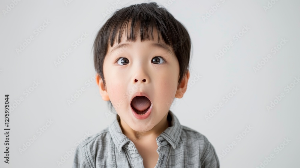 A young boy is captured mid-scream in a close-up portrait with an overlaid textured effect.