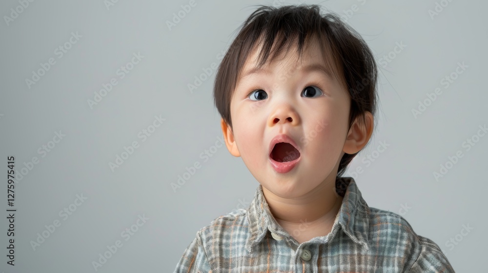 A small child with a surprised expression appears in the image, captured from a slightly below angle, with an adult's face partially visible behind the child. A small child with a surprised expression appears in the image, captured from a slightly below angle, with an adult's face partially visible behind the child.