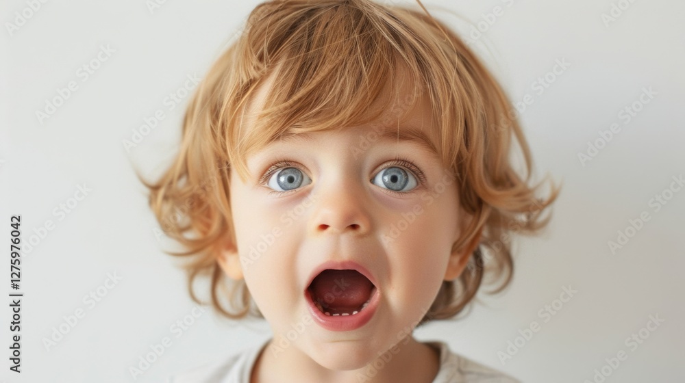 A young child with open mouth, showing emotions, captured in a close-up photograph. A young child with open mouth, showing emotions, captured in a close-up photograph.