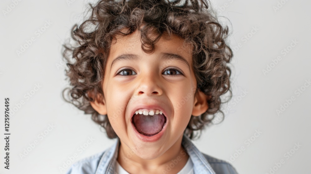 A child, likely a boy, with his mouth open as if he's excited or surprised, has curly hair. A child, likely a boy, with his mouth open as if he's excited or surprised, has curly hair.