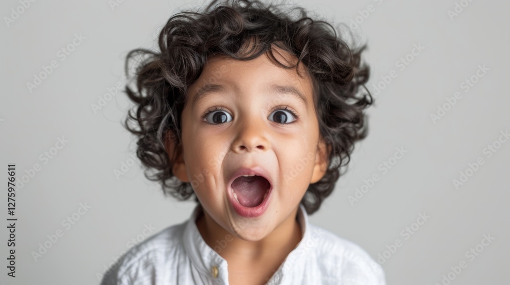 A young child with a wide-open mouth, expressing surprise or excitement, captured in a close-up portrait. A young child with a wide-open mouth, expressing surprise or excitement, captured in a close-up portrait.