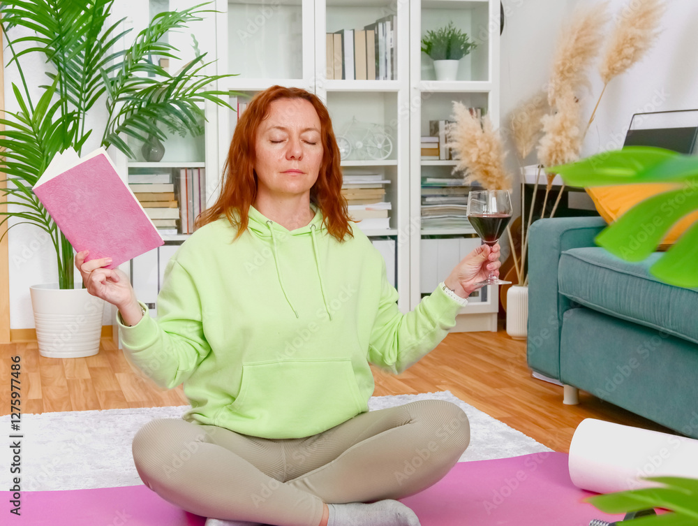 woman doing yoga and stretching exercises in her home. sport at home.