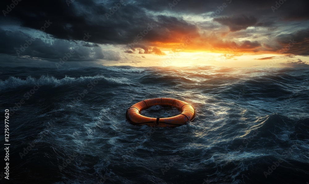 Obraz premium Lifesaver floating on turbulent ocean under a dramatic sunset sky.