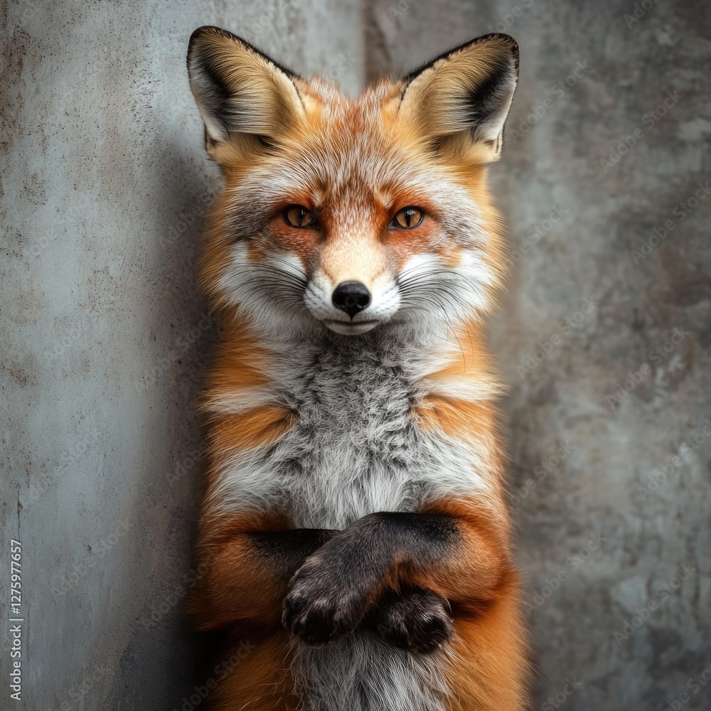 Obraz premium A solitary red fox standing upright against a wall, its fur reddish-orange and bushy